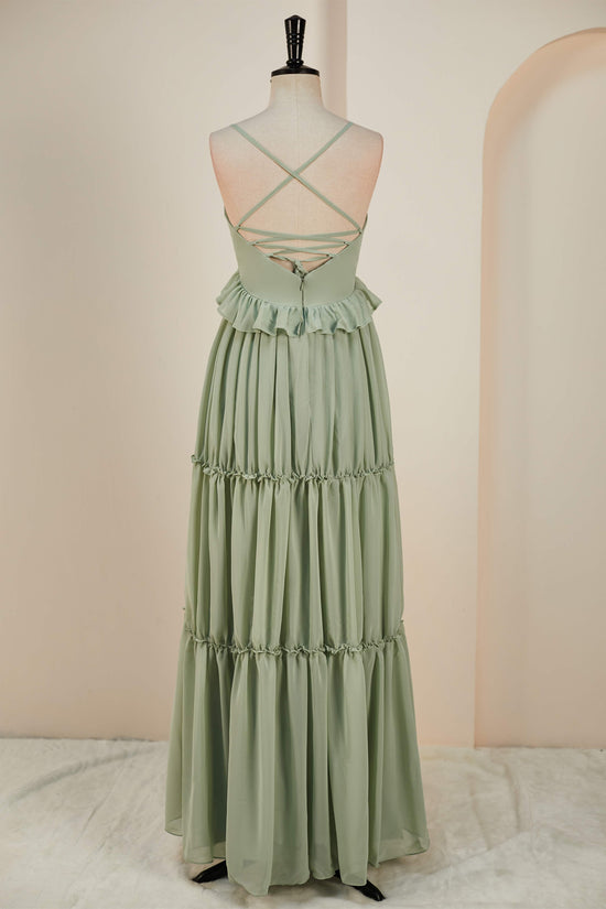 Deep V-Neck Dusty Sage Chiffon Ruffled  Long Bridesmaid Dress