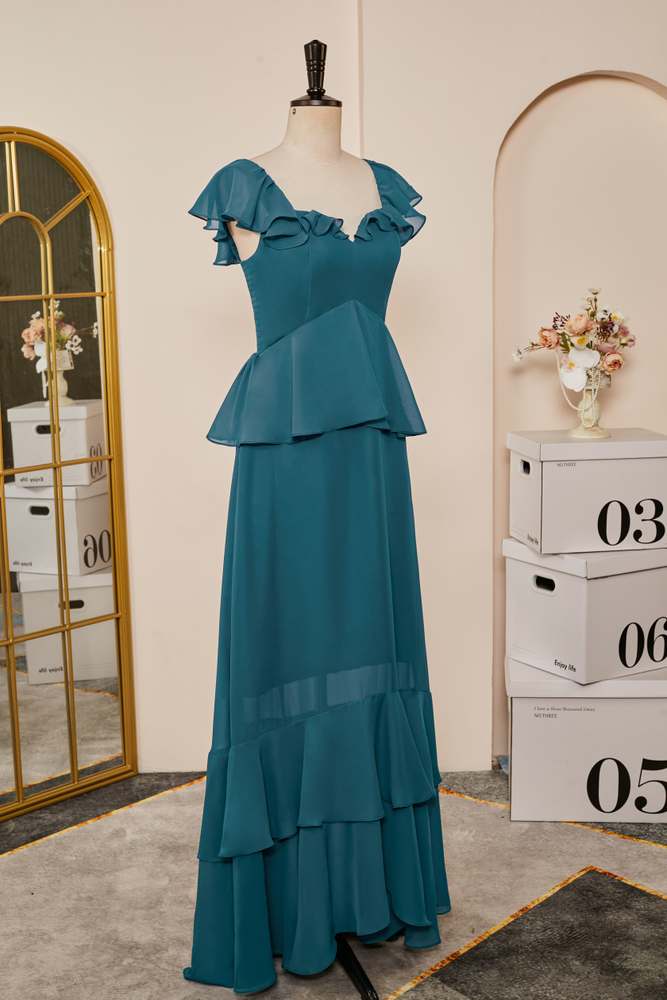 Teal Chiffon Flaunt Sleeves Ruffle A-line Bridesmaid Dress