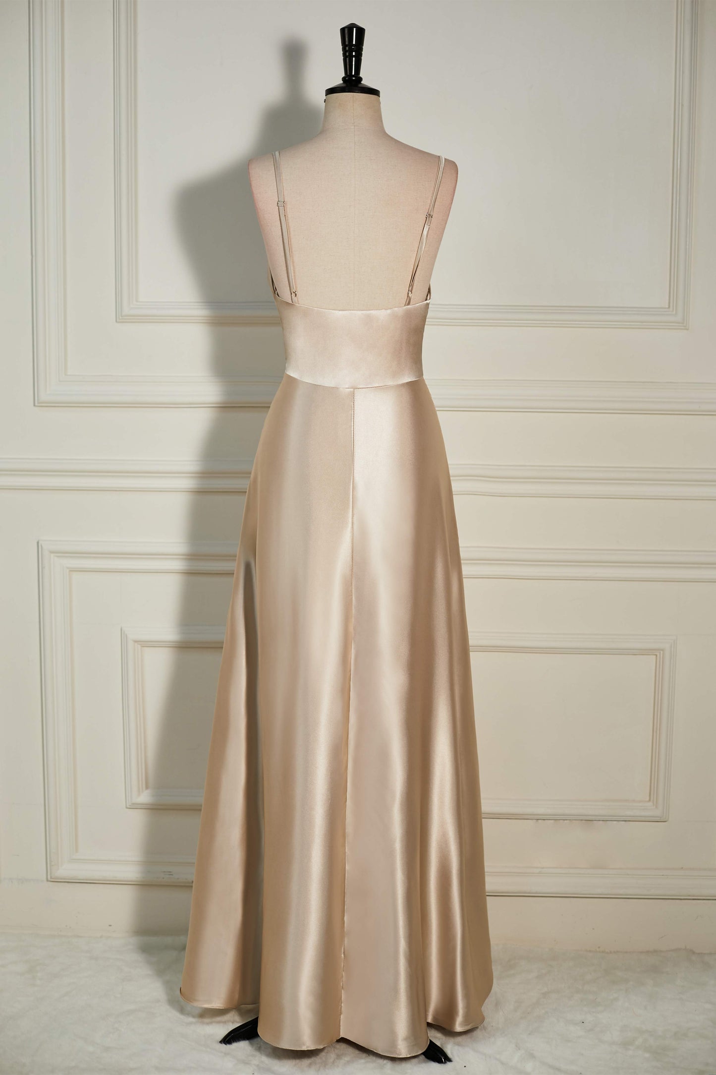 Cowl Neck Straps Champagne Satin A-line Slit Long Bridesmaid Dress