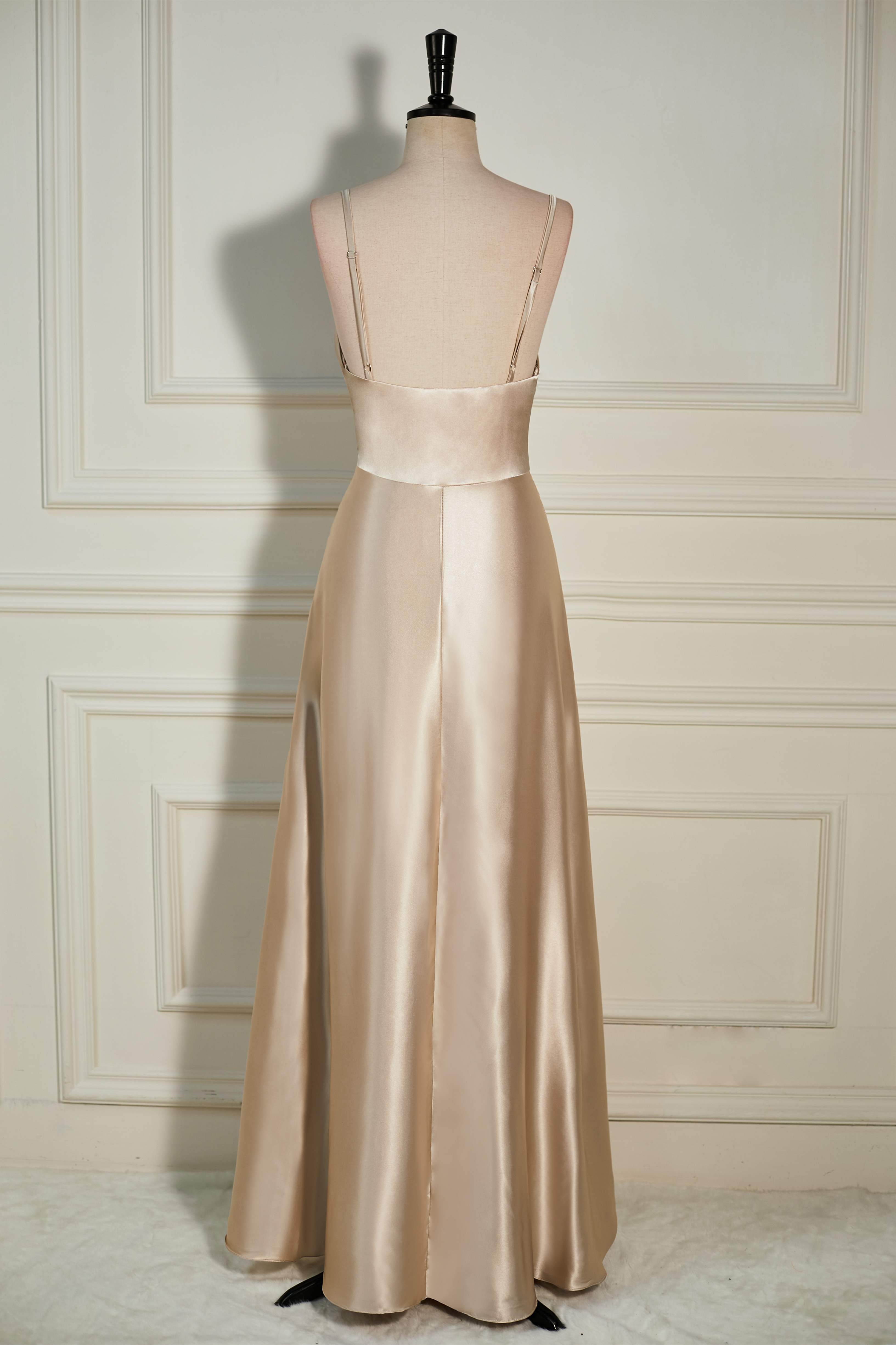 Cowl Neck Straps Champagne Satin A-line Slit Long Bridesmaid Dress