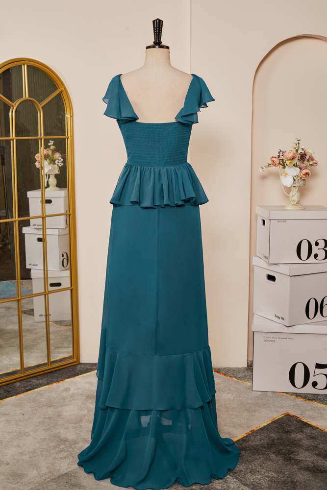 Teal Chiffon Flaunt Sleeves Ruffle A-line Bridesmaid Dress