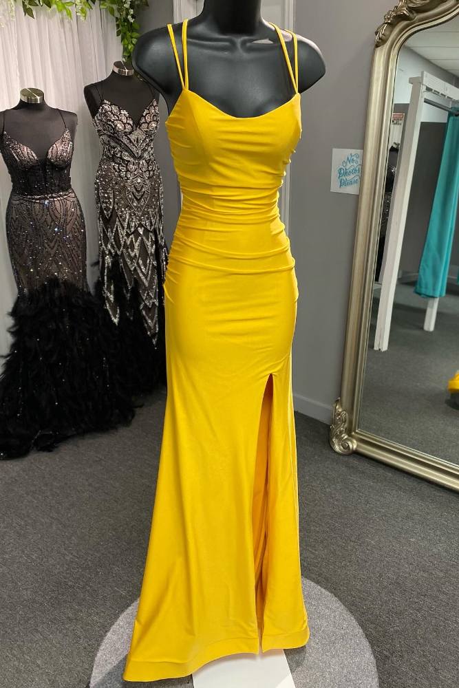 Yellow Double Straps Tight Prom Dress with High Slit