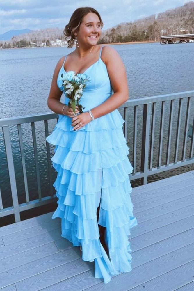 Straps Light Blue Ruffle A-Line Long Prom Dress with Slit