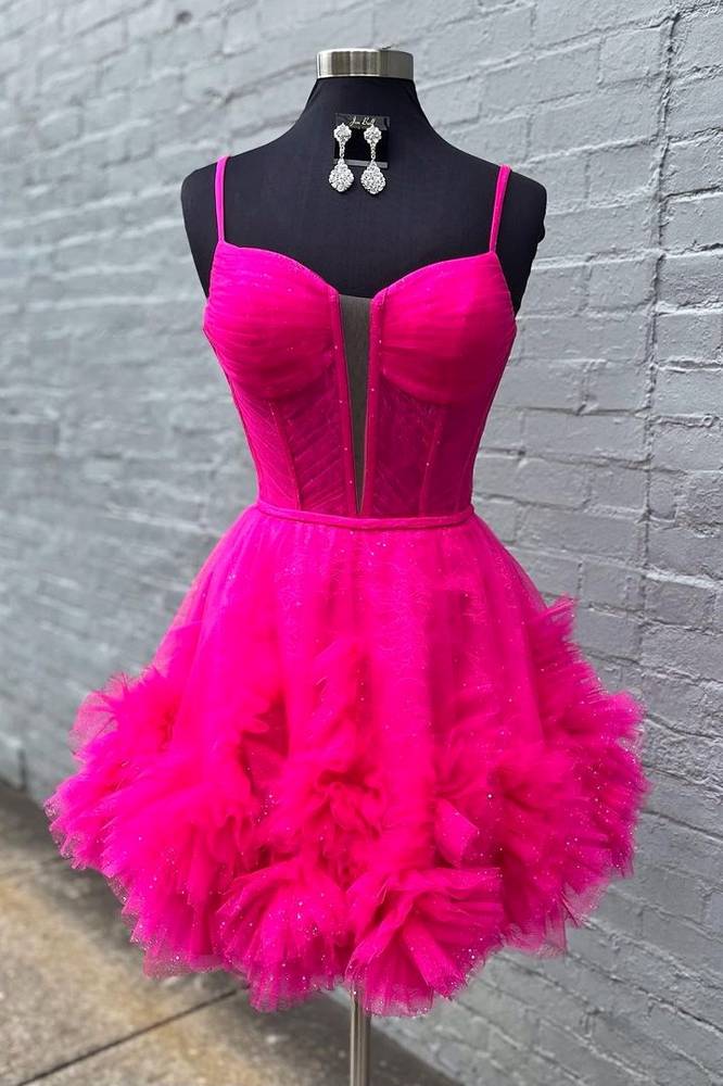 Plunging Neck Fuchsia A-Line Ruffle Homecoming Dress