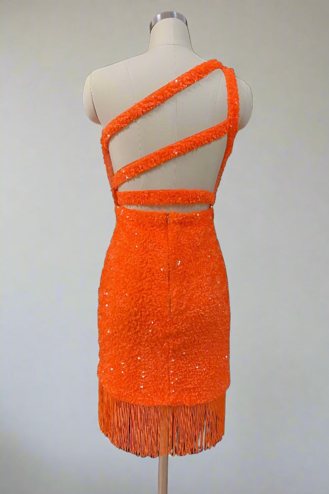 Orange One Shoulder Sequin Homecoming Dress with Tassel