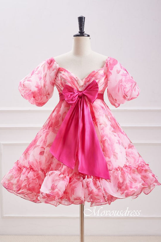 Pink Floral Print A-Line Homecoming Dress with Bow