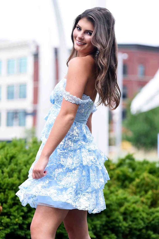 Off the Shoulder Light Blue Applique Ruffle Homecoming Dress with Flower