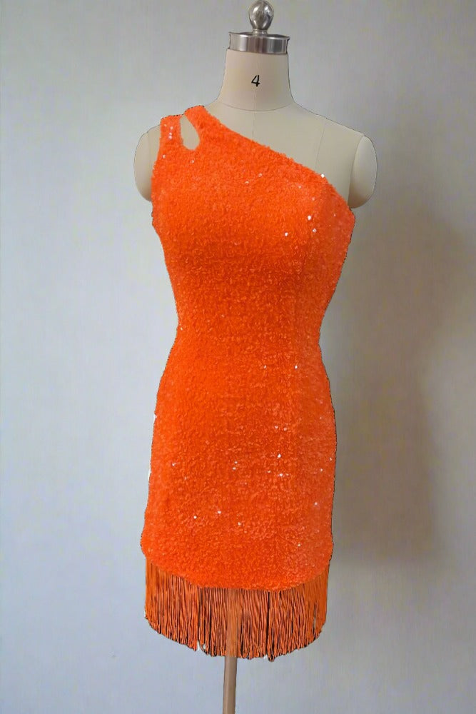 Orange One Shoulder Sequin Homecoming Dress with Tassel