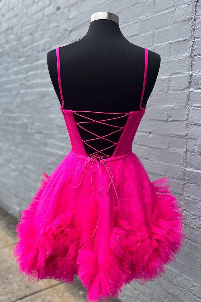 Plunging Neck Fuchsia A-Line Ruffle Homecoming Dress