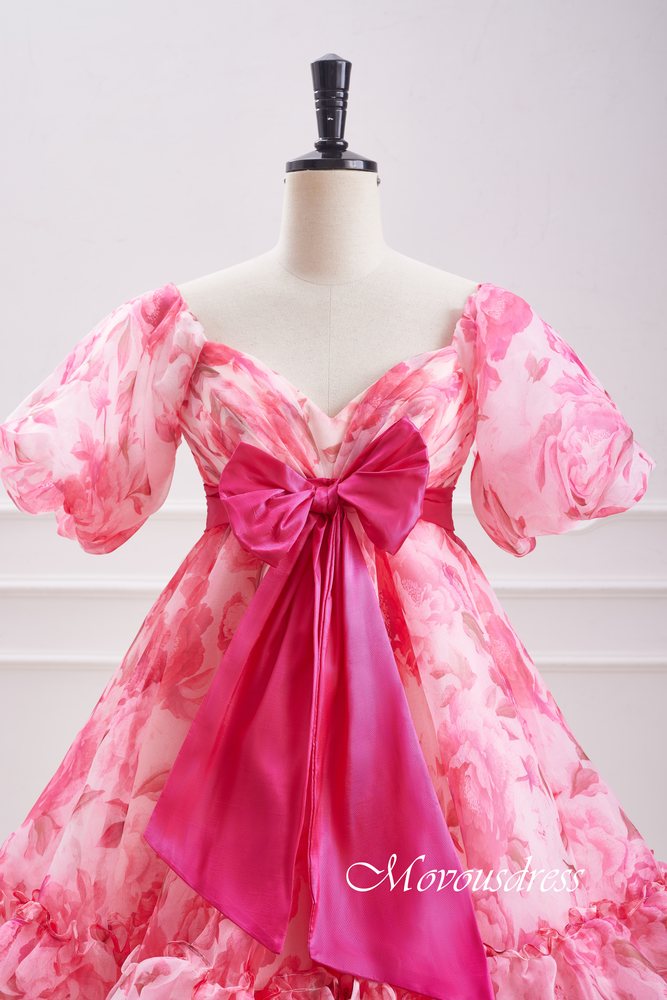 Pink Floral Print A-Line Homecoming Dress with Bow