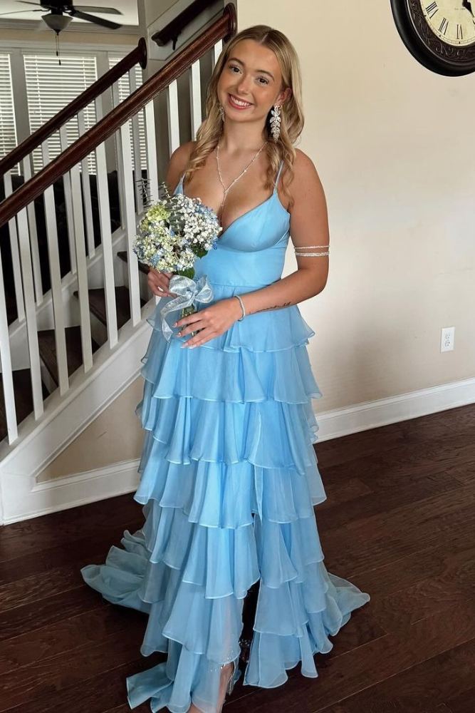 Straps Light Blue Ruffle A-Line Long Prom Dress with Slit