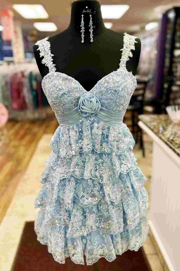 Off the Shoulder Light Blue Applique Ruffle Homecoming Dress with Flower