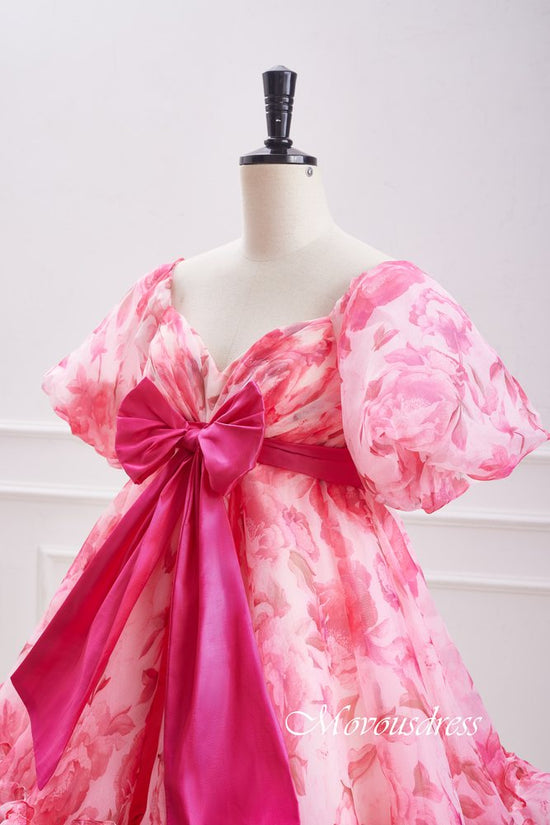 Pink Floral Print A-Line Homecoming Dress with Bow