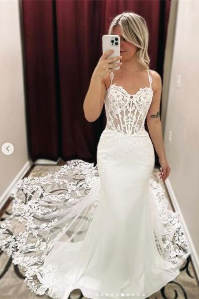 White  Straps Corset Applique Mermaid Wedding Dress