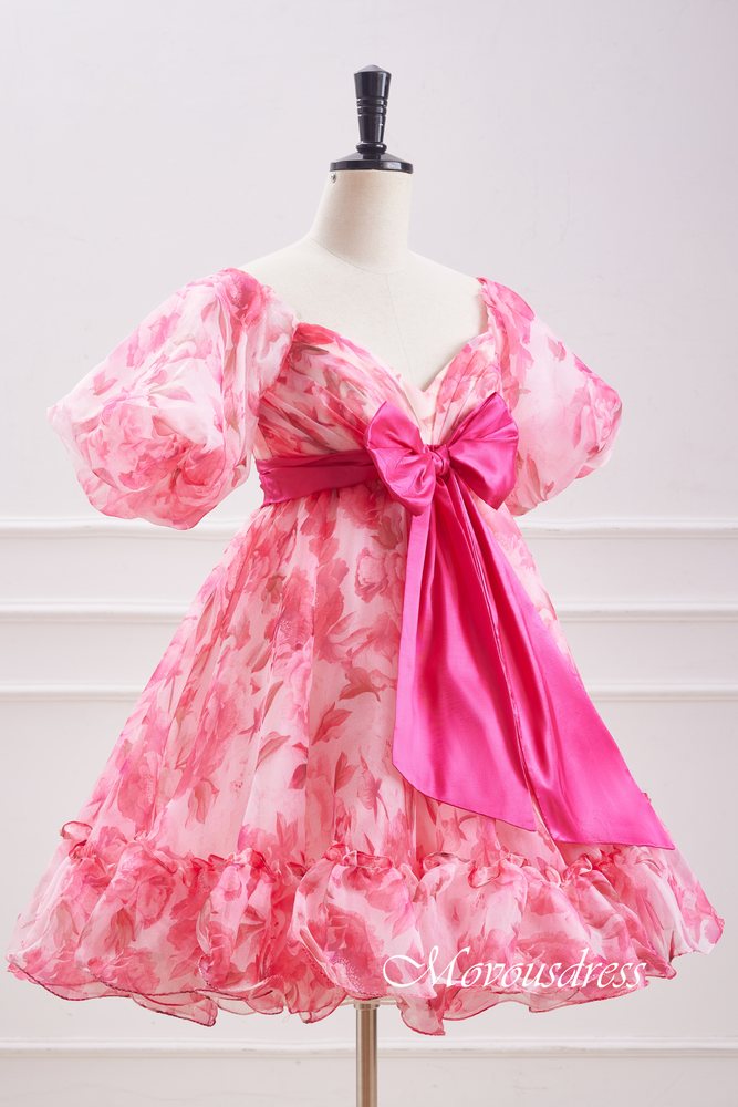 Pink Floral Print A-Line Homecoming Dress with Bow