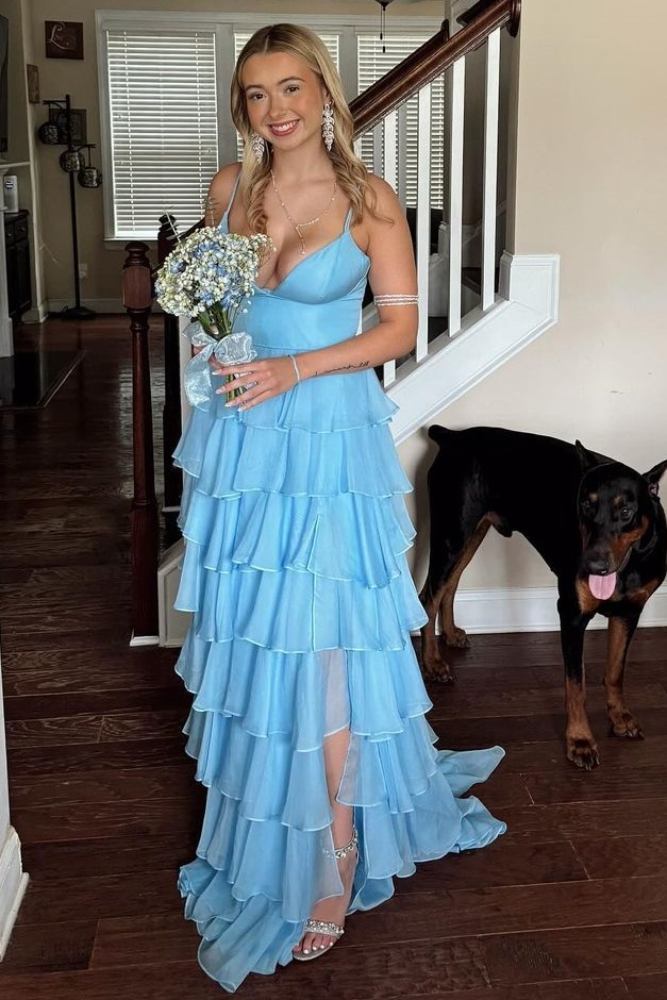 Straps Light Blue Ruffle A-Line Long Prom Dress with Slit