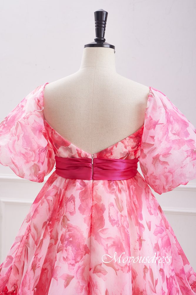 Pink Floral Print A-Line Homecoming Dress with Bow