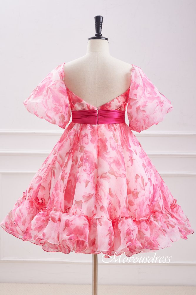 Pink Floral Print A-Line Homecoming Dress with Bow