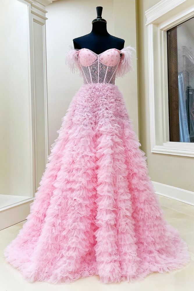pink prom dress with feathers Light Pink Multi-Layer A-Line Prom Dress with Feather – Movousdress