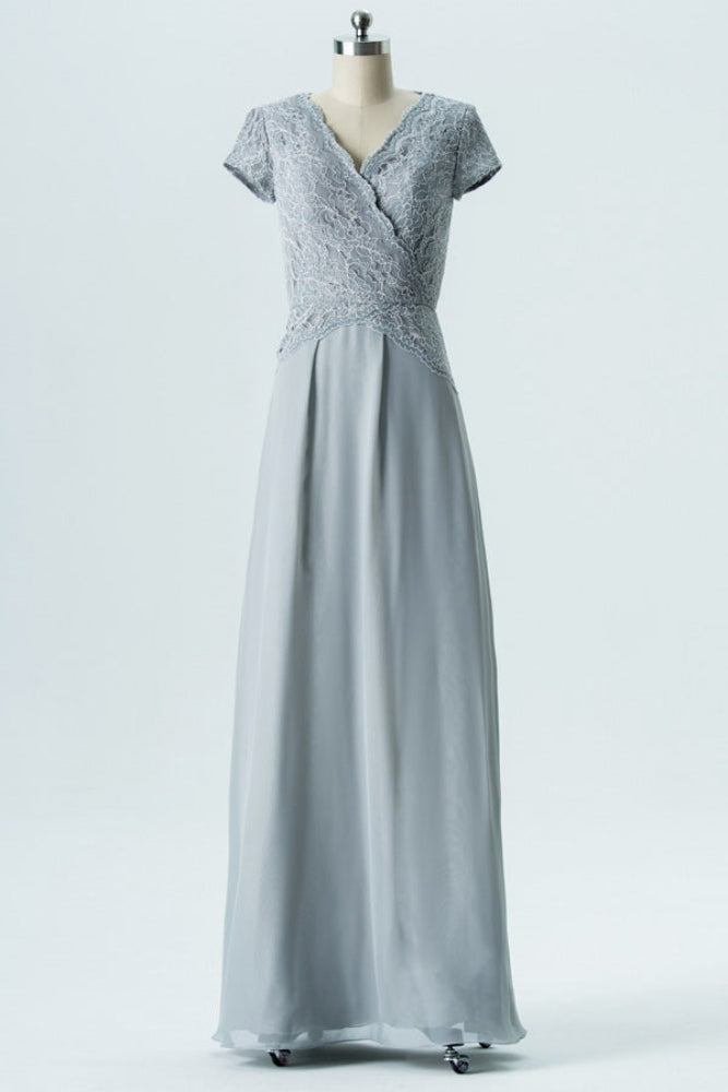 Gery Cap Sleeves Lace Long Bridesmaid Dress