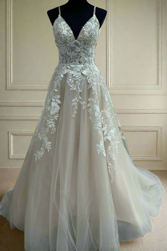 Champagne V-Neck Applique A-Line Bridal Dress