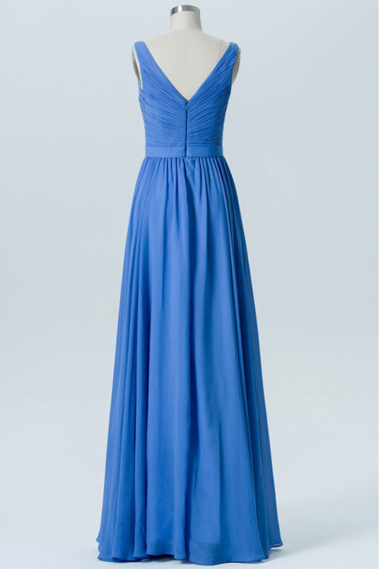 Blue V-Neck Pleated Chiffon Bridesmaid Dress