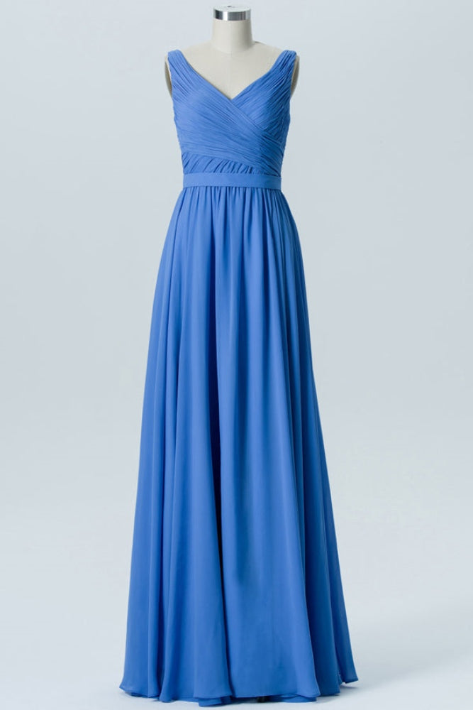 Blue V-Neck Pleated Chiffon Bridesmaid Dress