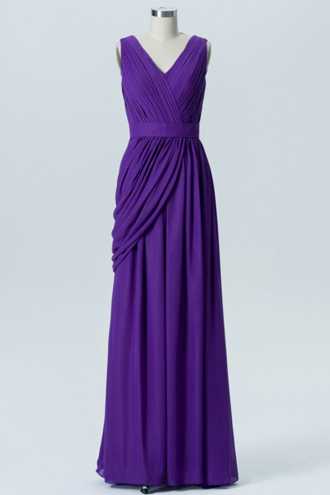 Purple V-Neck Pleated A-Line Bridesmaid Dress