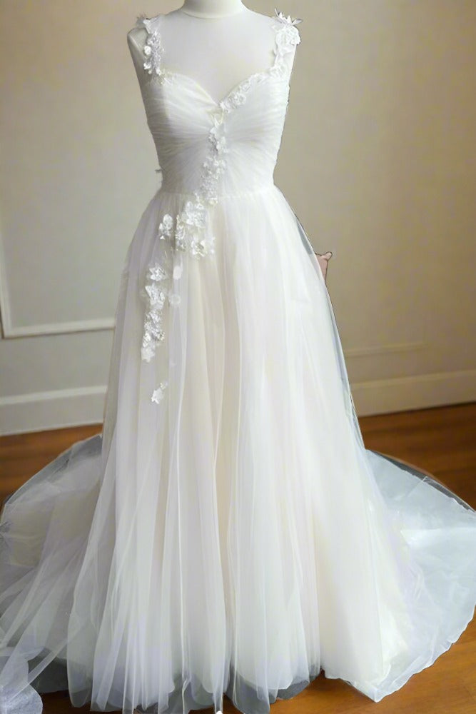 White Straps Pleated A-Line Bridal Dress with 3D Floral