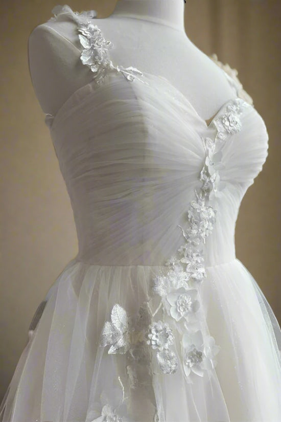 White Straps Pleated A-Line Bridal Dress with 3D Floral