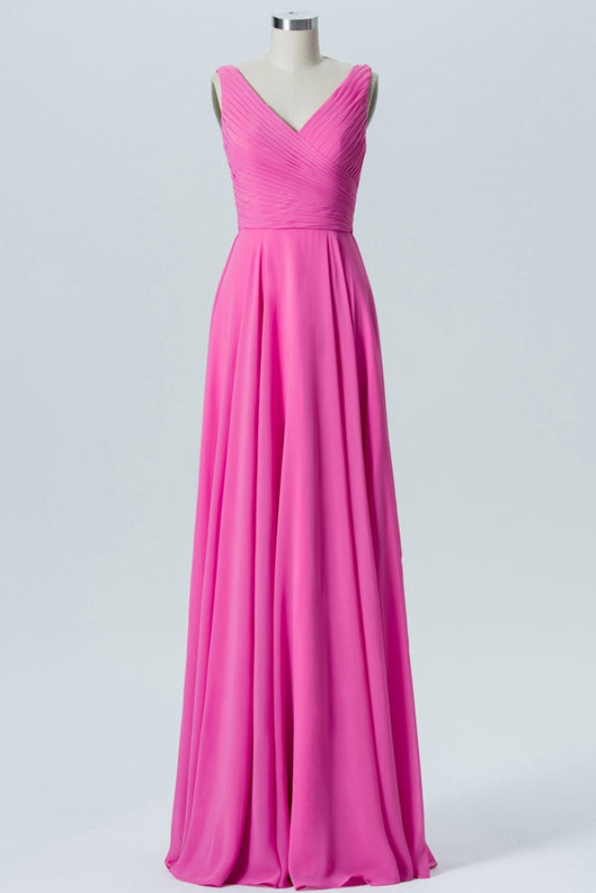 Hot Pink V-Neck Pleated Long Bridesmaid Dress with Bow