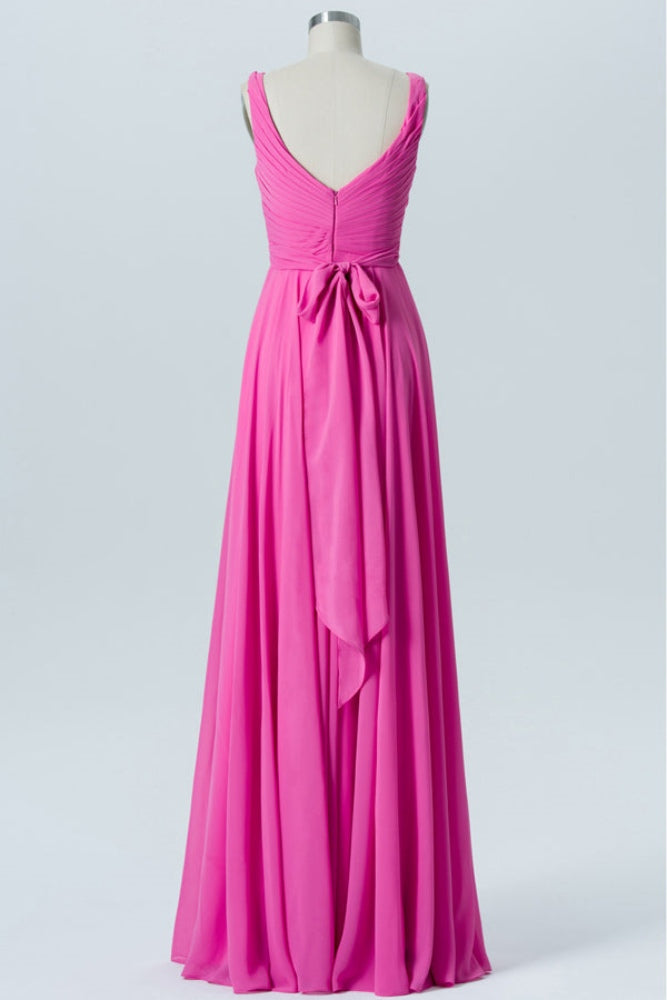 Hot Pink V-Neck Pleated Long Bridesmaid Dress with Bow