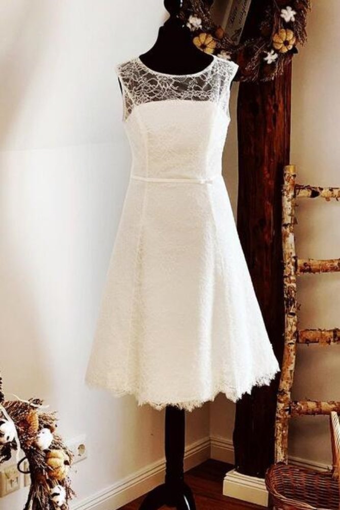 Ivory Illusion Neck Lace Short Wedding Dress