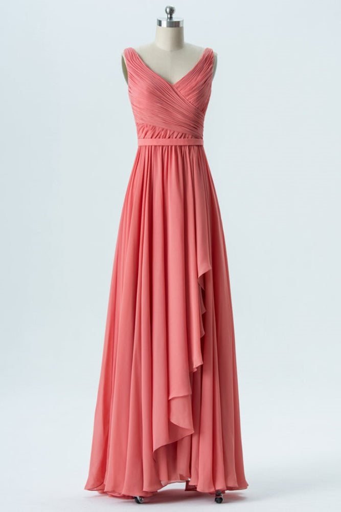 Coral V-Neck Ruffle Chiffon Bridesmaid Dress