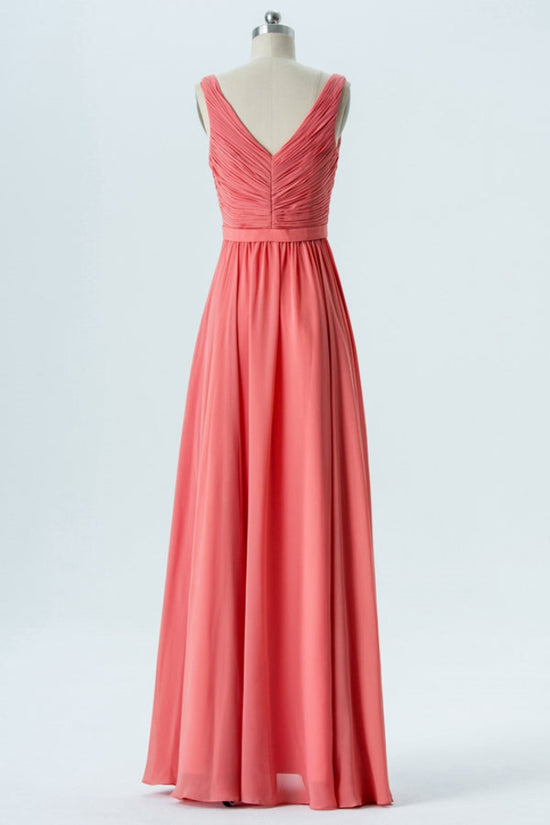 Coral V-Neck Ruffle Chiffon Bridesmaid Dress