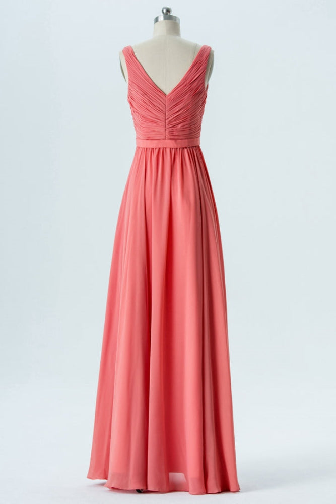 Coral V-Neck Ruffle Chiffon Bridesmaid Dress