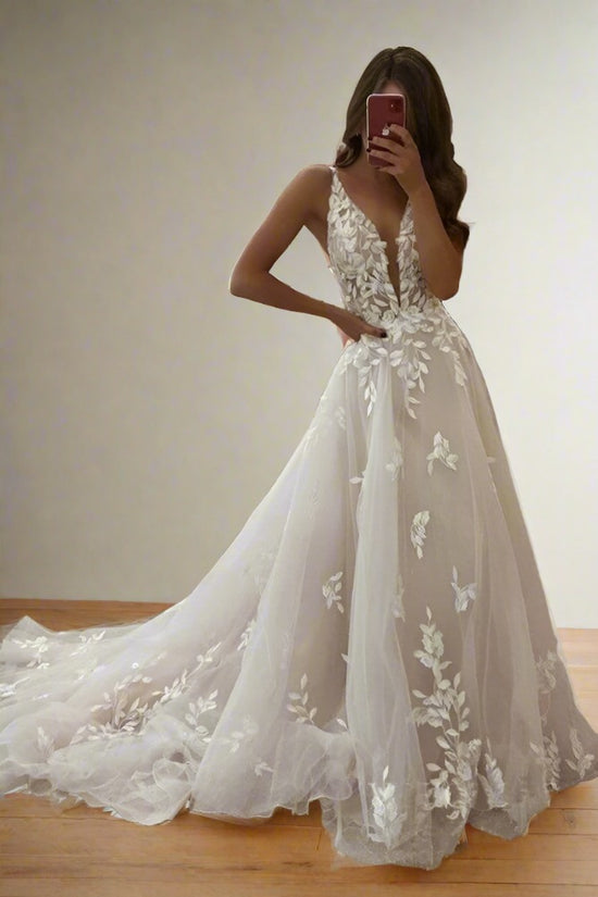 Ivory Plunging Neck Applique Ruffle Long Wedding Dress