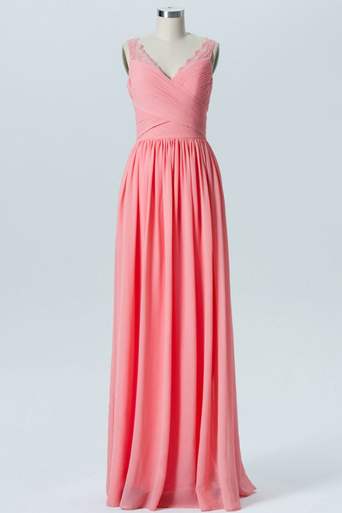 Coral Lace Straps A-Line Bridesmaid Dress