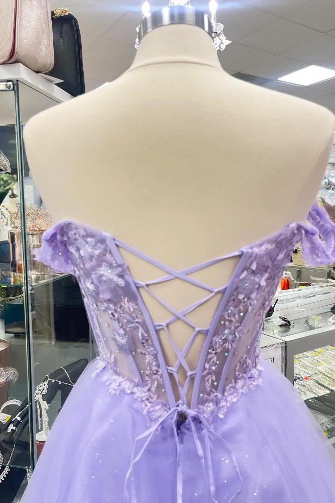 Lavender Off Shoulder Applique Tulle Homecoming Dress