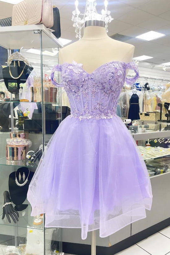 Lavender Off Shoulder Applique Tulle Homecoming Dress