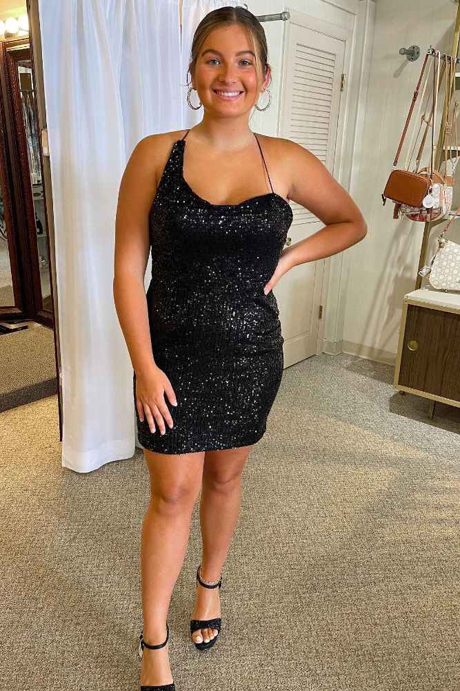 Black Sequin Tight Homecoming Dress with Lace-up