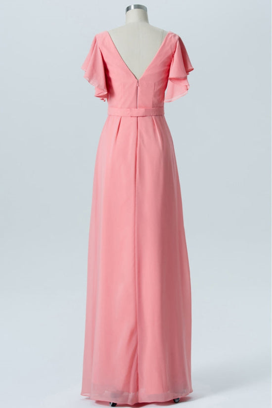 Coral Flutter Sleeves V-Neck Long Bridesmaid Dress