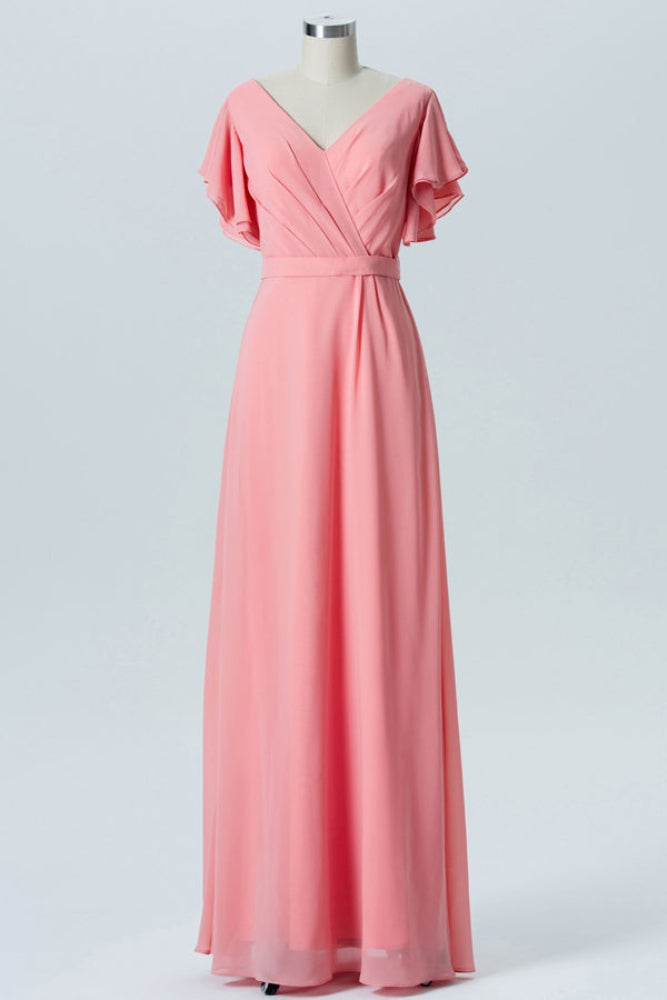 Coral Flutter Sleeves V-Neck Long Bridesmaid Dress