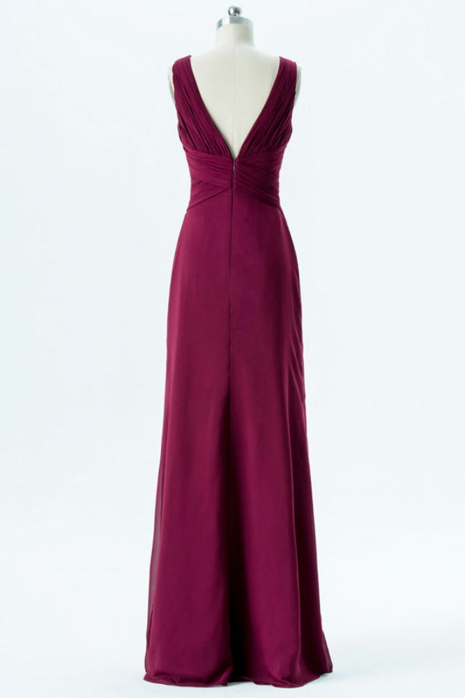 Mulberry V-Neck Pleated Long Bridesmaid Dress