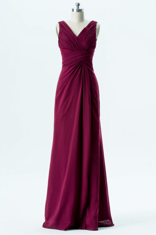 Mulberry V-Neck Pleated Long Bridesmaid Dress