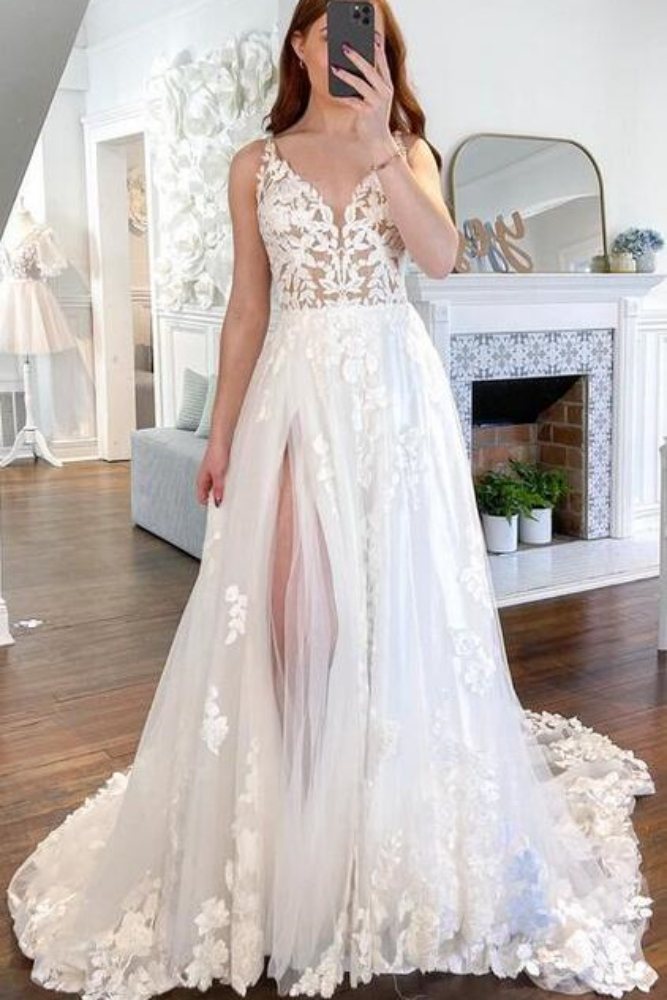 Ivory Plunging Neck Applique A-Line Bridal Dress with Slit