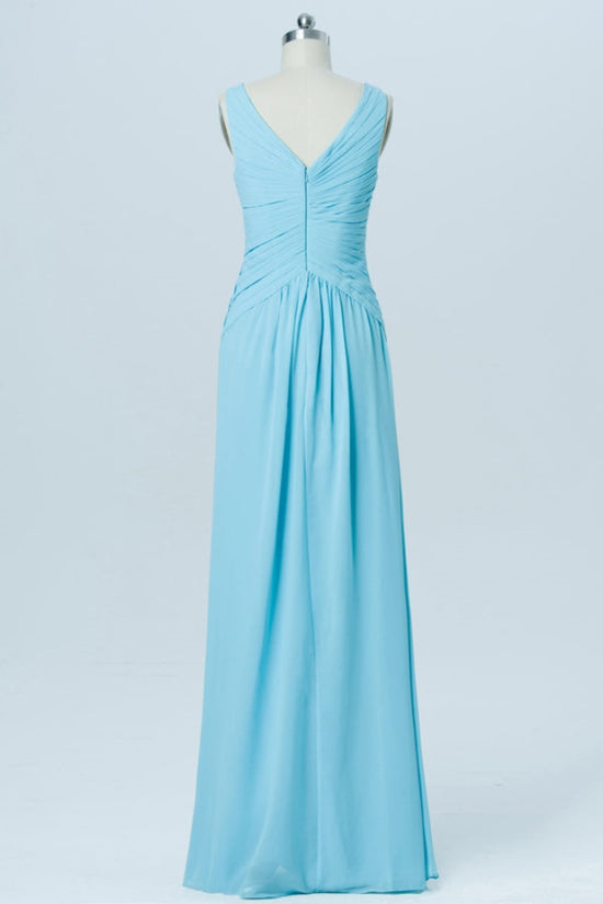 Light Blue V-Neck Pleated Chiffon Bridesmaid Dress