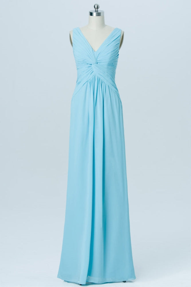 Light Blue V-Neck Pleated Chiffon Bridesmaid Dress