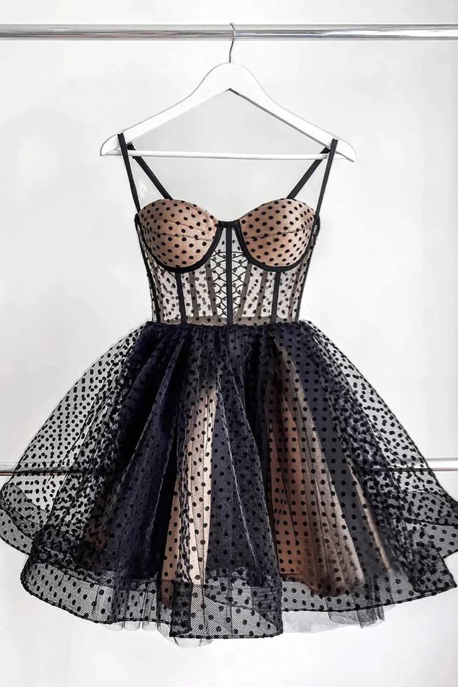 Straps Black Polka Dot Corset Mini Homecoming Dress