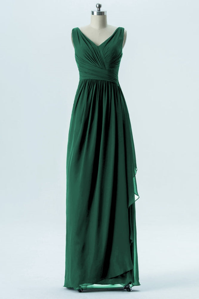 Green V-Neck Pleated Ruffle Bridesmaid Dress